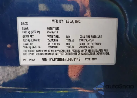 2020 Tesla Model Y Long Range Dual Motor All-Wheel Drive из США, поврежденный, VIN 5YJYGDEE8LF031142